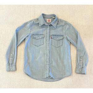 Levis Denim Shirt Womens XS Blue Western Pearl Snap Button Up Light Wash